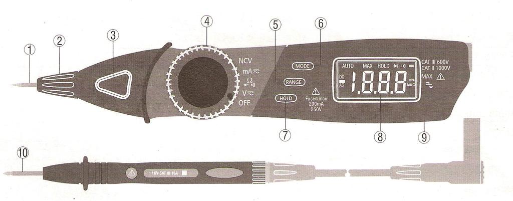 Opis Miernika 1. Wejście V/mA/Ω. 2. Pokrętło. 3. Bezkontaktowy wskaźnik napięcia AC. 4. Pokrętło zmiany funkcji pomiarowych. 5. Przycisk range. 6. Przycisk MODE. 7. Przycisk HOLD. 8. Wyświetlacz lcd.