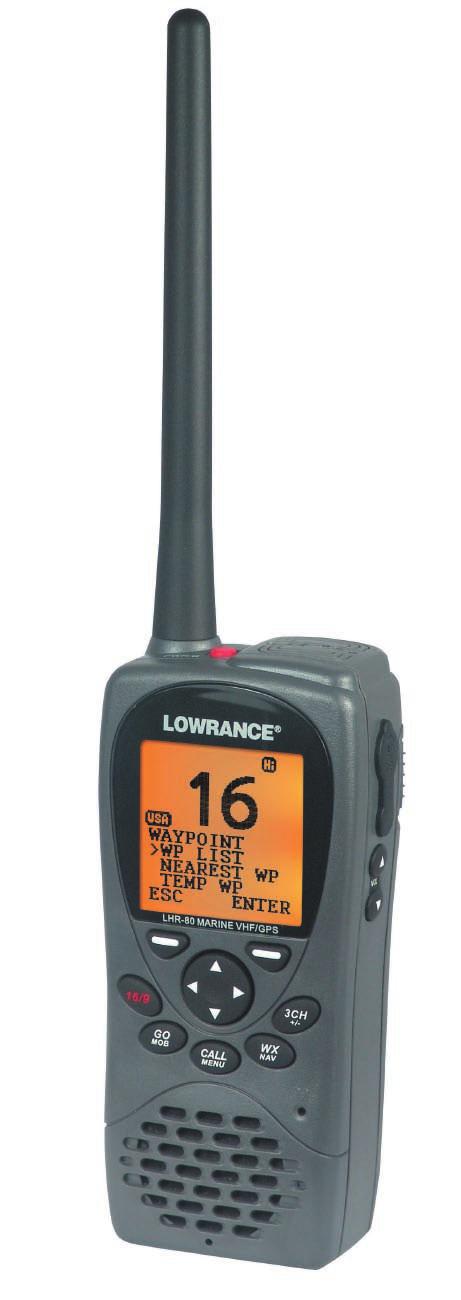 Nietonące ręczne radio morskie LHR-80 VHF/GPS Zaawansowane i przystępne ręczne, wodoodporne radio VHF 5/1W cechuje wbudowany 12-kanałowy odbiornik GPS, nawigacja Great Circle, itp. funkcje.