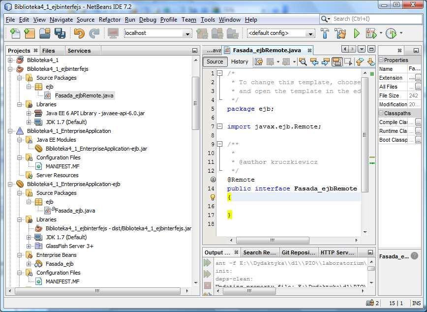 (5) Utworzony automatycznie interfejs Fasada_ejbRemote w projekcie Biblioteka4_1ejbinterfejs