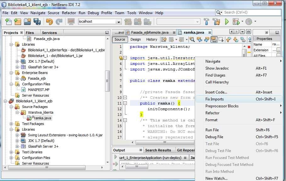 (9) Po usunięciu w projekcie Biblioteka4_1_klient_ejb definicji private Fasada fasada należy kliknąć prawym klawiszem na