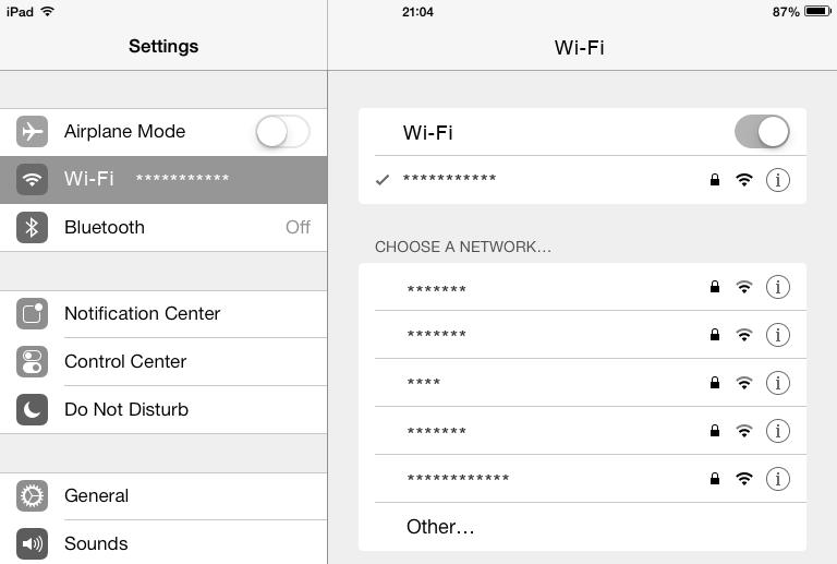 Przykład 2: łączenie z przez sieć Wi-Fi z tabletem (na przykładzie urządzenia ipad) 1. Dotknij pozycji Ustawienia (Settings) > Wi-Fi, aby włączyć funkcję Wi-Fi. 2. Tablet automatycznie wyszuka połączenia bezprzewodowe i wyświetli listę punktów dostępowych.