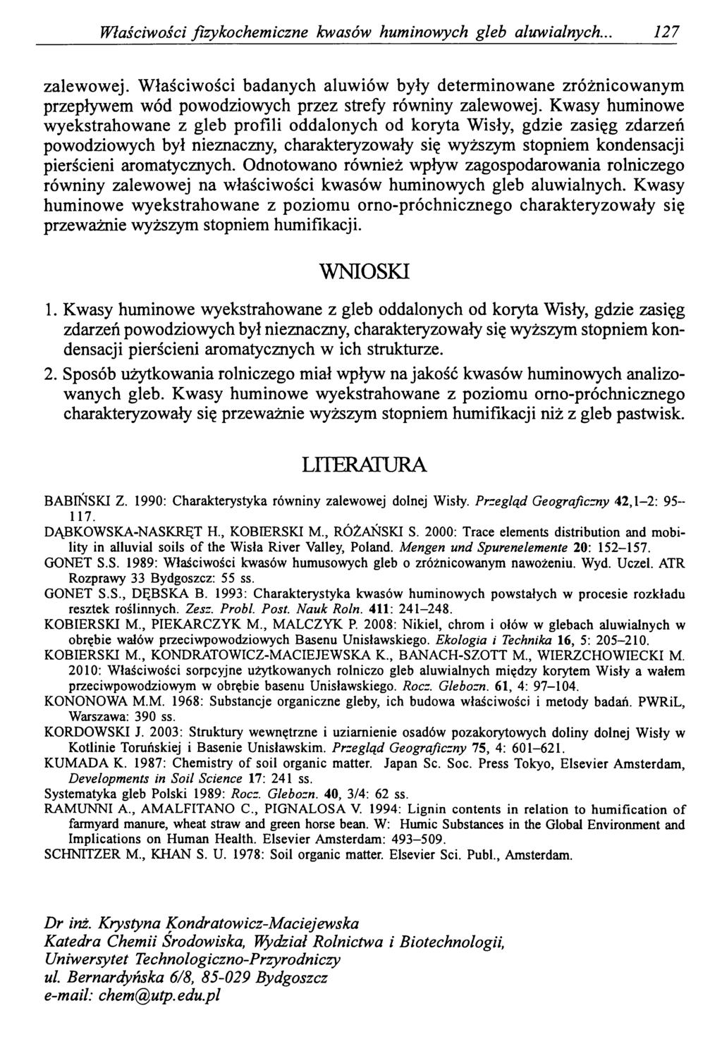 Właściwości fizykochemiczne kwasów huminowych gleb aluwialnych.. 127 zalewowej.
