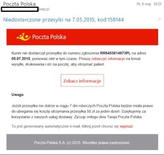 RANSOM (OKUP) + SOFTWARE = RANSOMWARE Przestępcy podszywali się pod powiadomienia wysyłane przez Pocztę Polską Link przekierowywał użytkownika na stronę będący złośliwą aplikacją dla systemu Windows