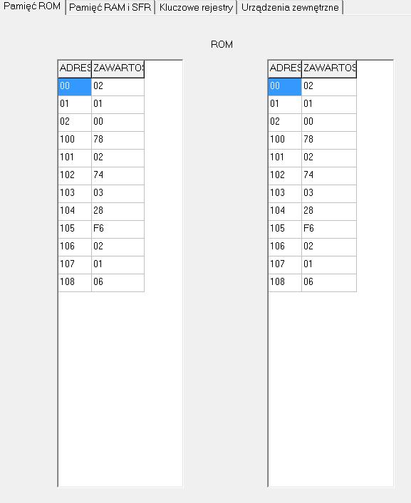 Pamięć ROM Tu znajduje się program użytkownika. Zawartość ROM jest powtórzona w dwóch oknach. W każdym można ustawić inny obszar.