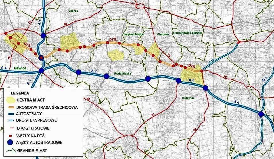 234 A. Sobota Rys. 1. Planowane oraz istniejące główne arterie komunikacyjne w aglomeracji katowickiej [10] Fig. 1. The main transport arteries in Silesian Area (planning and existing) [10] Ważnym etapem budowy katowickiego odcinka DTŚ była przebudowa ronda im.