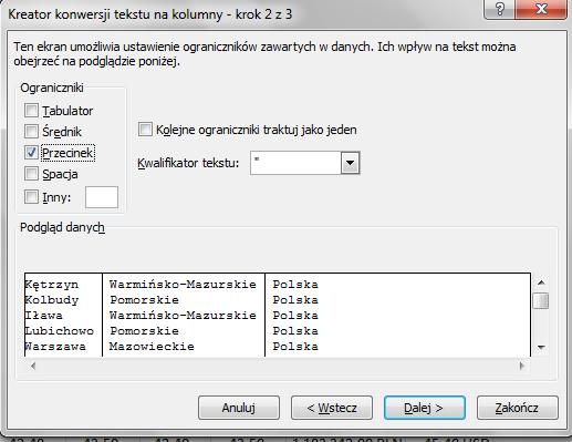 3) Nazwij kolumny odpowiednio: Data, Otwarcie, Maksimum, Minimum, Zamknięcie, Obrót, Cena, Adresy 4) Rozdziel dane z kolumny Adresy tak, aby w odrębnych kolumnach znalazły się