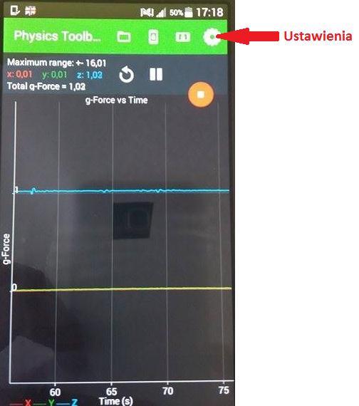 zbierane z czujnika wartości oddzielone były średnikiem. (SETTINGS->CSV FILE DELIMITER CHARACTER->SEMICOLON). Poniższy rysunek 5 oznacza panel główny programu.