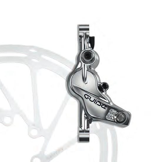 Hydrauliczne hamulce tarczowe SRAM Guide Ultimate Masa: 360 g (przód, bez adaptera, tarcza 160 mm) Z czterotłoczkowym zaciskiem S4, dźwignią z mechanizmem SwingLink i karbonową klamką 360-gramowy