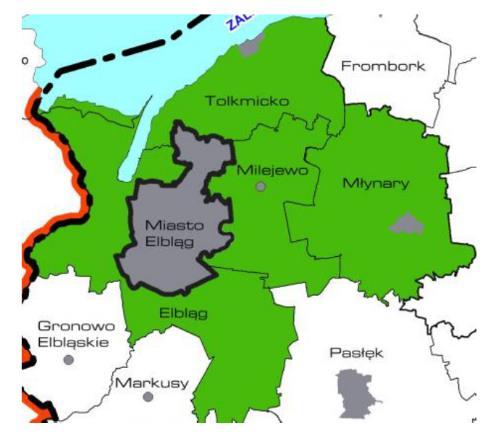 turalne w Elblągu, inwestycje taborowe w komunikacji miejskiej, działania organizacyjne i regulacyjne oraz działania studialno-analityczne. Rys. 1. Zasięg obszarowy ZIT (bis) Elbląga Źródło: www.