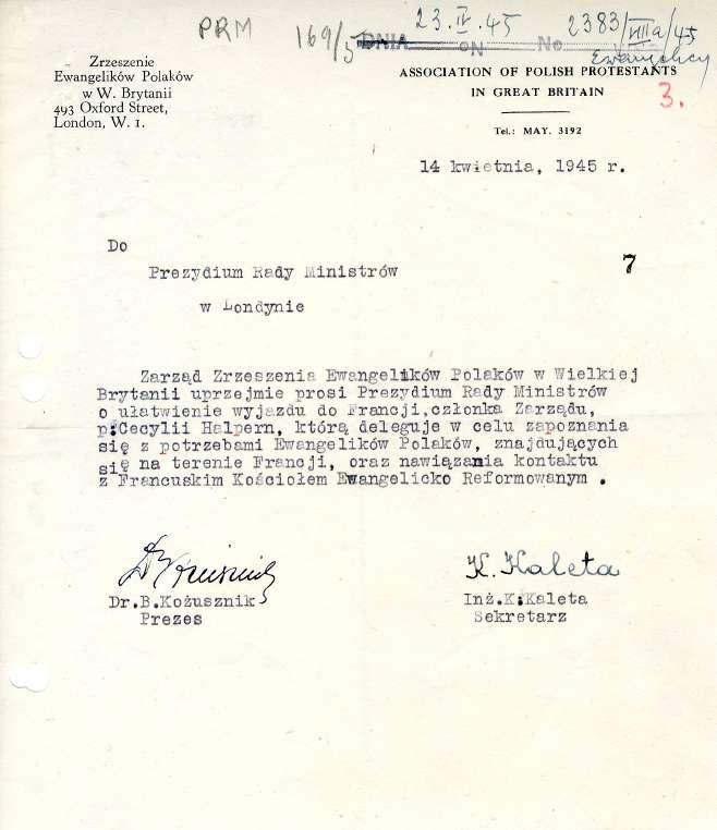 - Zrzeszenie Ewangelików Polaków w W. Brytanii 493 Oxford Street, London, W. i. M \ (1(Ni& L ' Pł i '"-- 3 ASSOCIATION OF POLISH PROTESTA TS IN GREAT BRITAIN Tel.: MAY. 3192 14 kwietnia, 1945 r.
