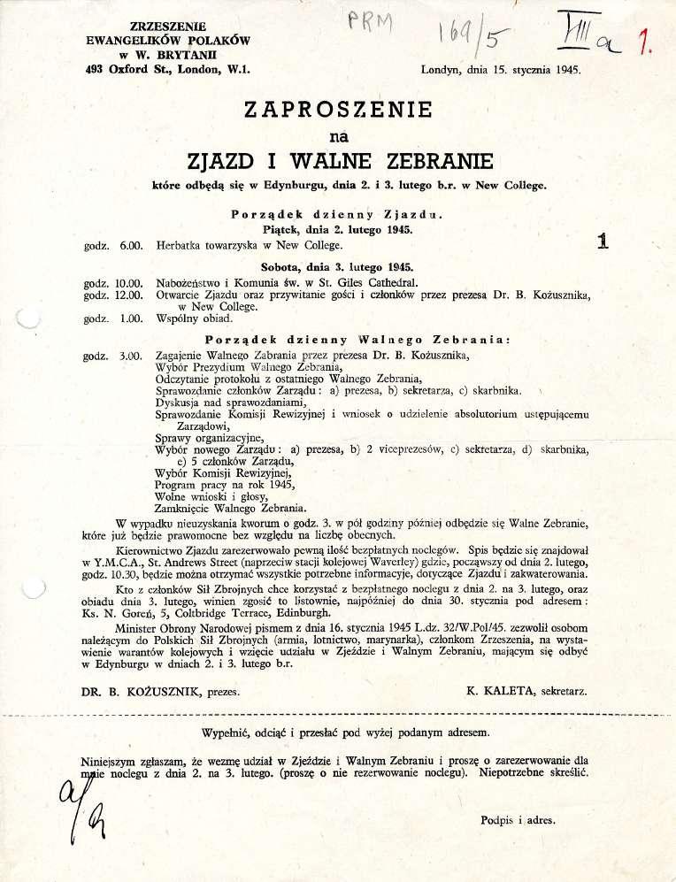 ZRZESZENIE EWANGELIKÓW POLAKÓW w W. BRYTANII 493 Oxford St., London, W.1. Archives Reference No: PRM.169/5 I? M Londyn, dnia 15. stycznia 1945.
