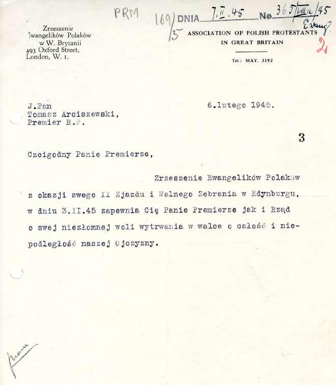 Zrzeszenie 3wangelików Polaków w W. Brytanii 493 Oxford Street, London, W. r. Ił.S. Ne 36 7. ASSOCIATIUN UF POLISH PROTESTANTS IN GREAT BRITAIN rci : MAY. 3192 (.94 J.