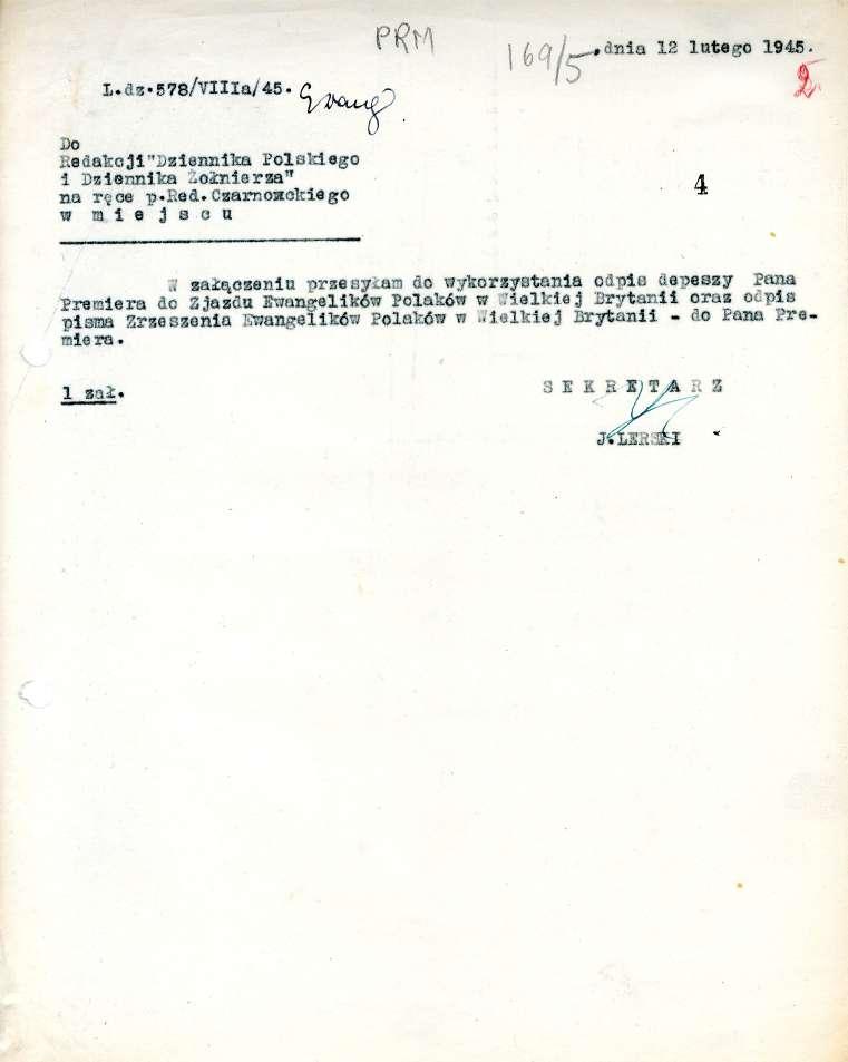L. o 578/V111ai 45 (-.111a 12 lutego 1945. Do Re d al-c ji "Dziennika 2o1,;le Dziennika o r zal na r <= oe IS.Red.