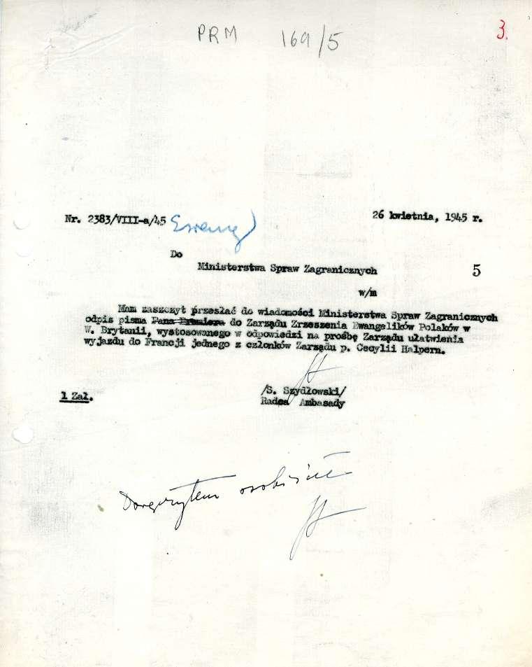 ę 3 Nr. 2383/r111-a/24-5 26 kwietnia r r:45 r. Do ninisterstwa Spraw Za.gn,ulicznuch s 11(vdaciomolloi Idnistersima i:31)raw Zagraniczrgeb oddis ;.4azzz:.