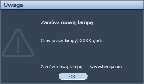 Ustalanie czasu wymiany lampy Gdy Kontrolka LAMP świeci się na czerwono lub, gdy na ekranie wyświetlany jest komunikat wskazujący, że konieczna jest już wymiana lampy należy zainstalować nową lampę