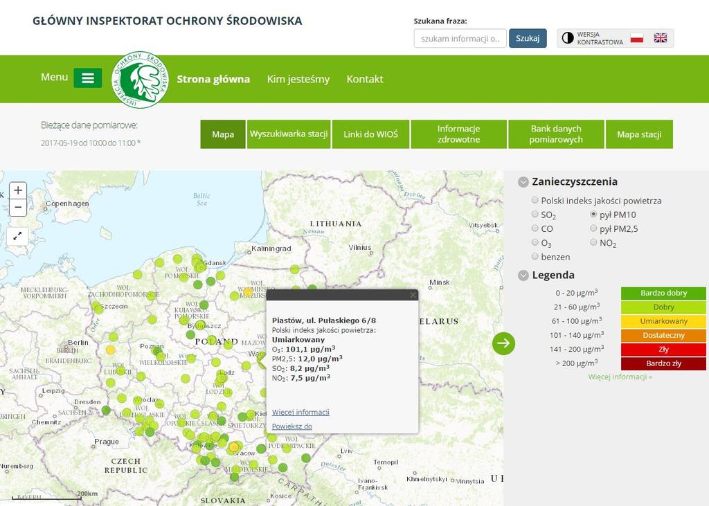 Stan zanieczyszczenia powietrza śledzony na bieżąco Pomiary chwilowe dostępne online: http://powietrze.gios. gov.