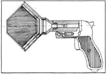 Pistolet sygnałowy wz. 1944 115 Rys. 8.3. Przekrój pistoletu sygnałowego wz. 1944 z statkowym urządzeniem obezwładniającym wystrzeliwanie tkaninowych siatek obezwładniających.