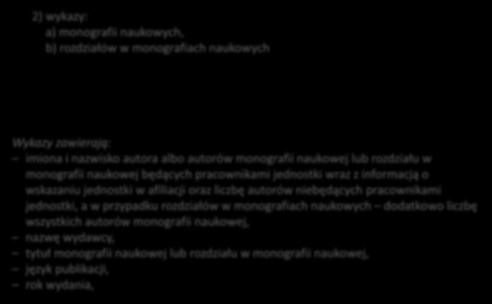 2) wykazy: a) monografii naukowych, b) rozdziałów w monografiach naukowych W przypadku, gdy brak kompletnego opisu monografii w systemie, monografia podzielona na rozdziały traktowana będzie przy