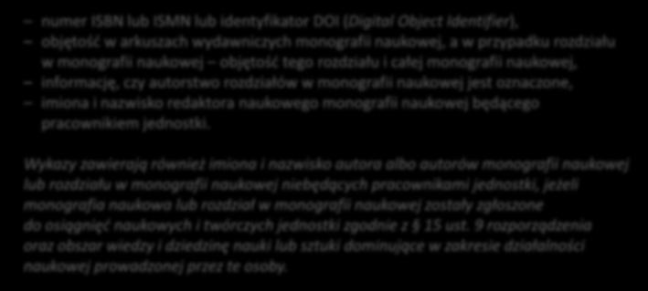 numer ISBN lub ISMN lub identyfikator DOI (Digital Object Identifier), objętość w arkuszach wydawniczych monografii naukowej, a w przypadku rozdziału w monografii naukowej objętość tego rozdziału i