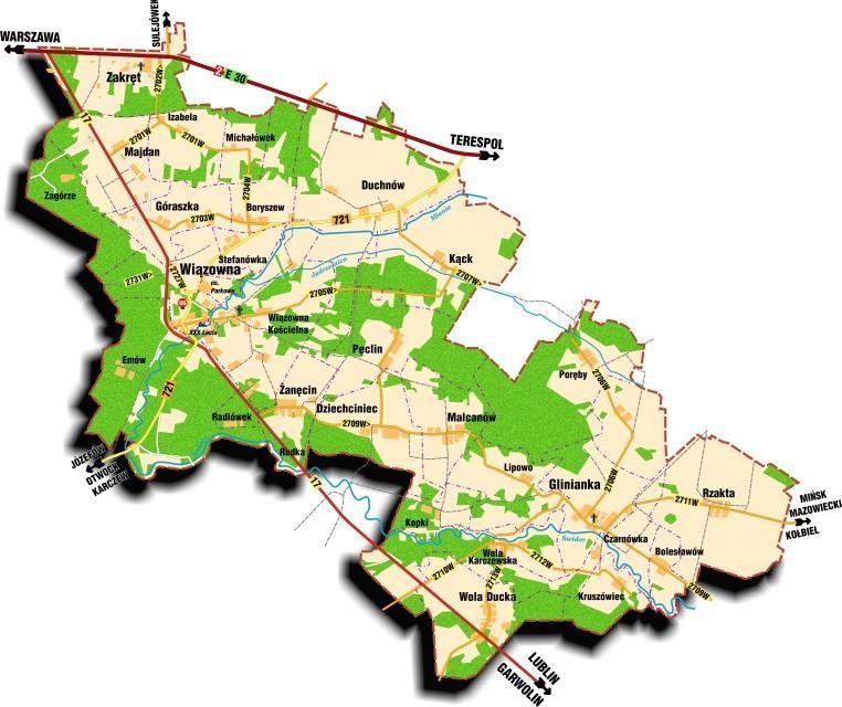 S t r o n a 9 Przez obszar gminy przechodzą drogi o znaczeniu międzynarodowym: Warszawa-Terespol, Warszawa- Lu- blin.