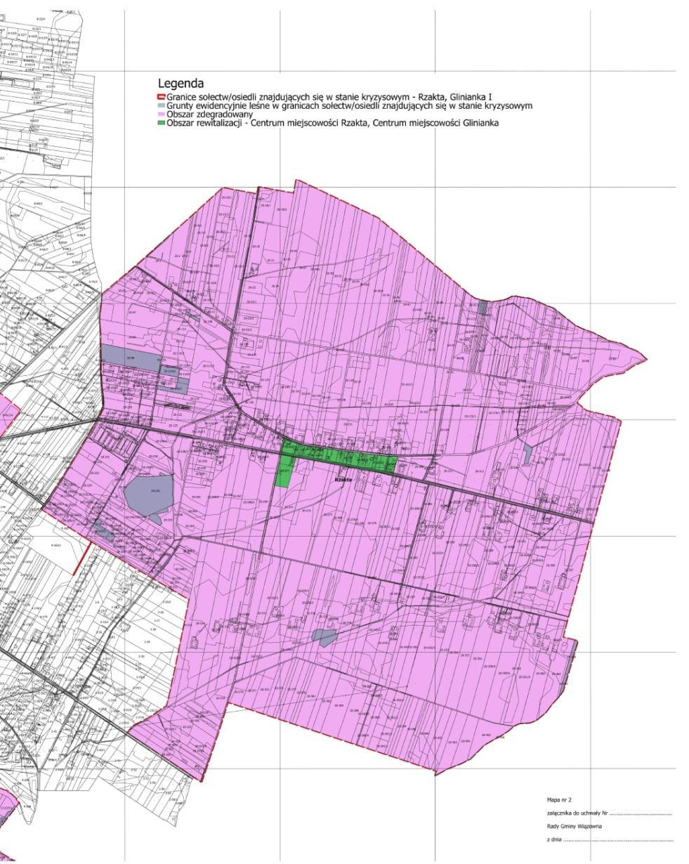 Mapa 5 Rzakta S t r o n a 53 Źródło: opracowanie UG Wiązowna Na etapie wytyczania obszarów rewitalizacji dokonano weryfikacji powierzchni i liczby mieszkańców na terenach rewitalizacji w celu