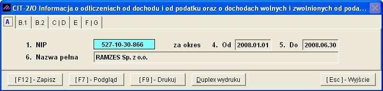 Aplikacja Ramzes Księgi Handlowe podręcznik uŝytkownika 9-29 9.8.2 Informacja CIT-2/O W Menu programu Raporty 8.