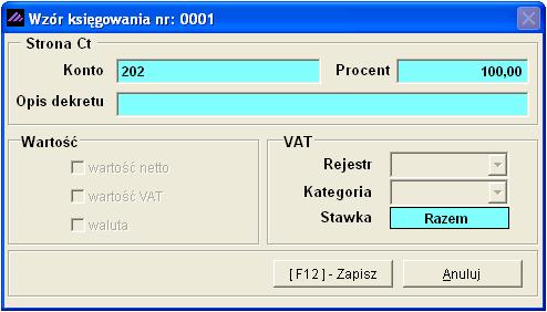 Aplikacja Ramzes Księgi Handlowe podręcznik uŝytkownika 5-33 Po wprowadzeniu zapisu z pierwszym kontem (przykładowo 402-002), jednej stronie (Dt), kolejne naciśnięcie klawisza Enter pozwala na