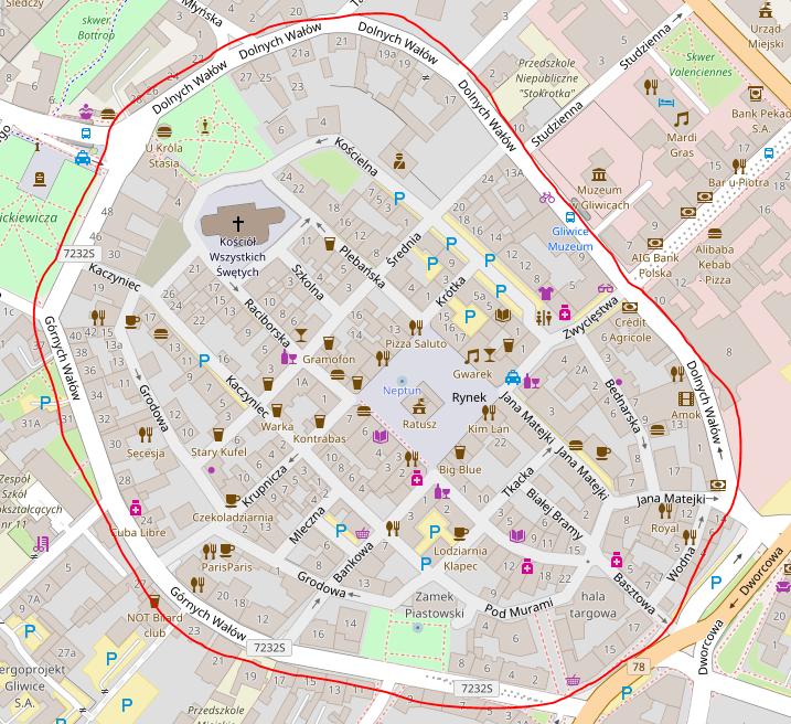 Kontraruch w Gliwicach Postulujemy, aby wszystkie ulicy w obrębie ulic Górnych i Dolnych Wałów zostały objęte kontraruchem. Mapa 2 źródło: http://www.openstreetmap.