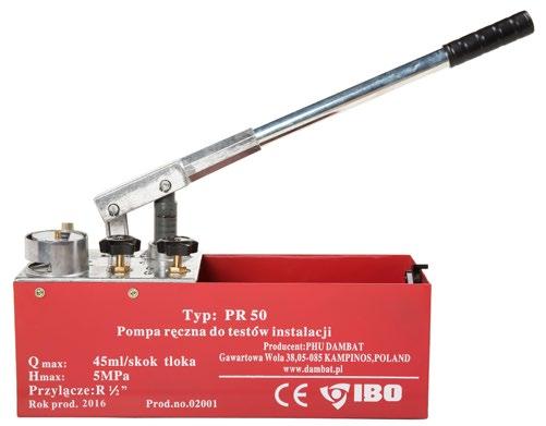 PR 50 POMPY DO PRÓB CIŚNIENIOWYCH I NAPEŁNIANIA INSTALACJI Pompa ręczna PR-50 jest pompą tłokową przeznaczoną do prób ciśnieniowych na szczelność instalacji oraz napełniania