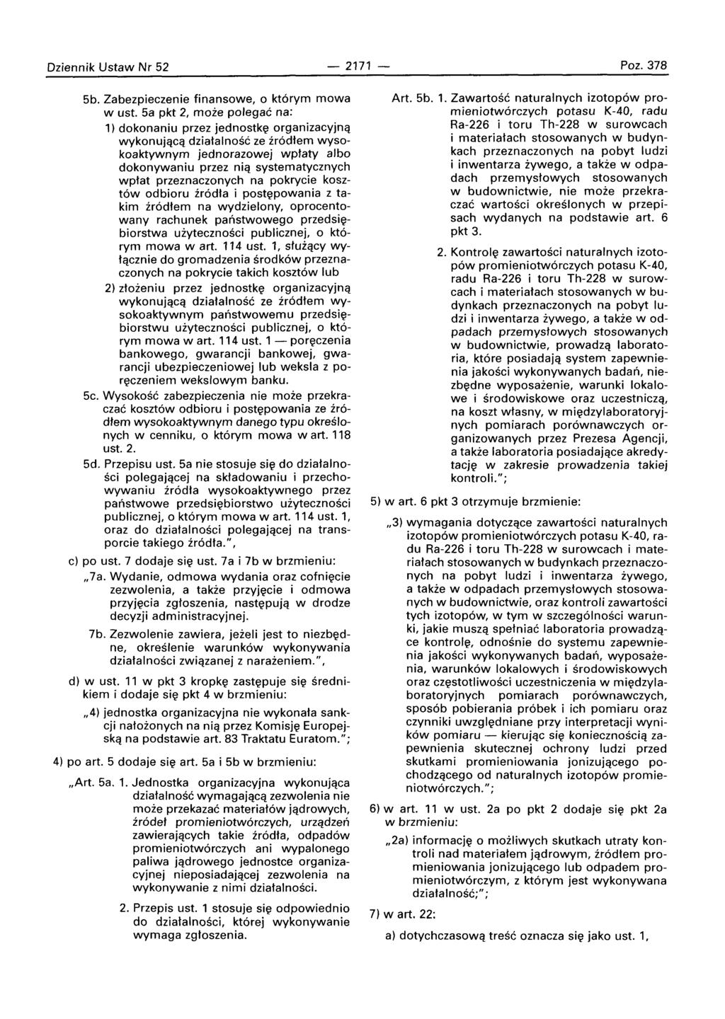 Dziennik Ustaw Nr 52-2171 Poz. 378 5b. Zabezpieczenie finansowe, 0 ktorvrn mowa w ust.