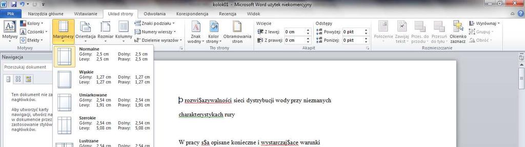 I.4. Ustawienia strony (dostępne w karcie Układ strony) Możliwe ustawienia strony zależą od wybranej drukarki domyślnej.