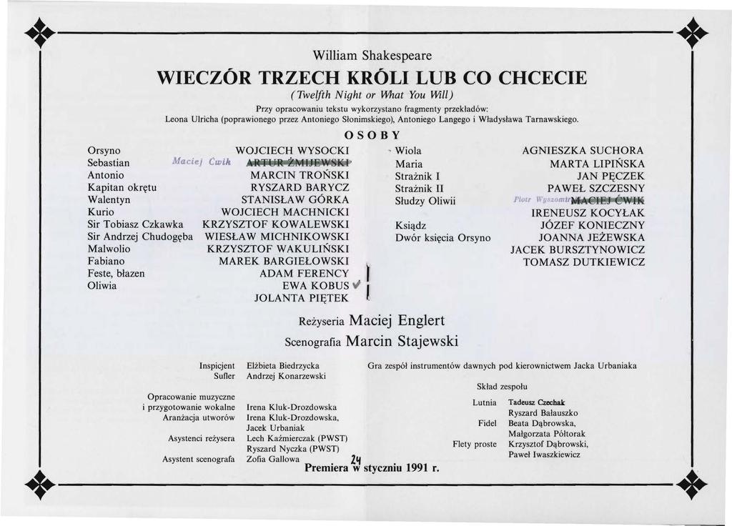 Orsyno Sebastian Antonio Kapitan okrętu Walentyn Kurio Sir Tobiasz Czkawka Sir Andrzej Chudogęba Malwolio Fabiano Feste, błazen Oliwia William Shakespeare WIECZÓR TRZECH KRÓLI LUB CO CHCECIE (Twelfth