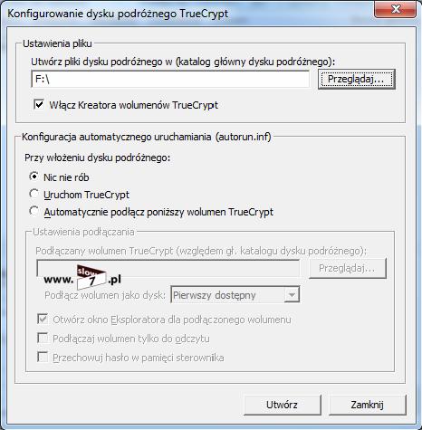 TrueCrypt w wersji portable. Rysunek 95 TrueCrypt tworzenie dysku podróżnego Na koniec jeszcze krótko o rozwiązaniu, które zadowoli osoby, które chcą zaszyfrować kilka pojedynczych plików.