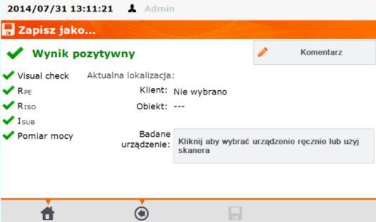 Po zakończeniu procedury pomiarowej wyświetlony jest ekran podsumowania, można wynik zapisać do pamięci (patrz rozdz. 5).