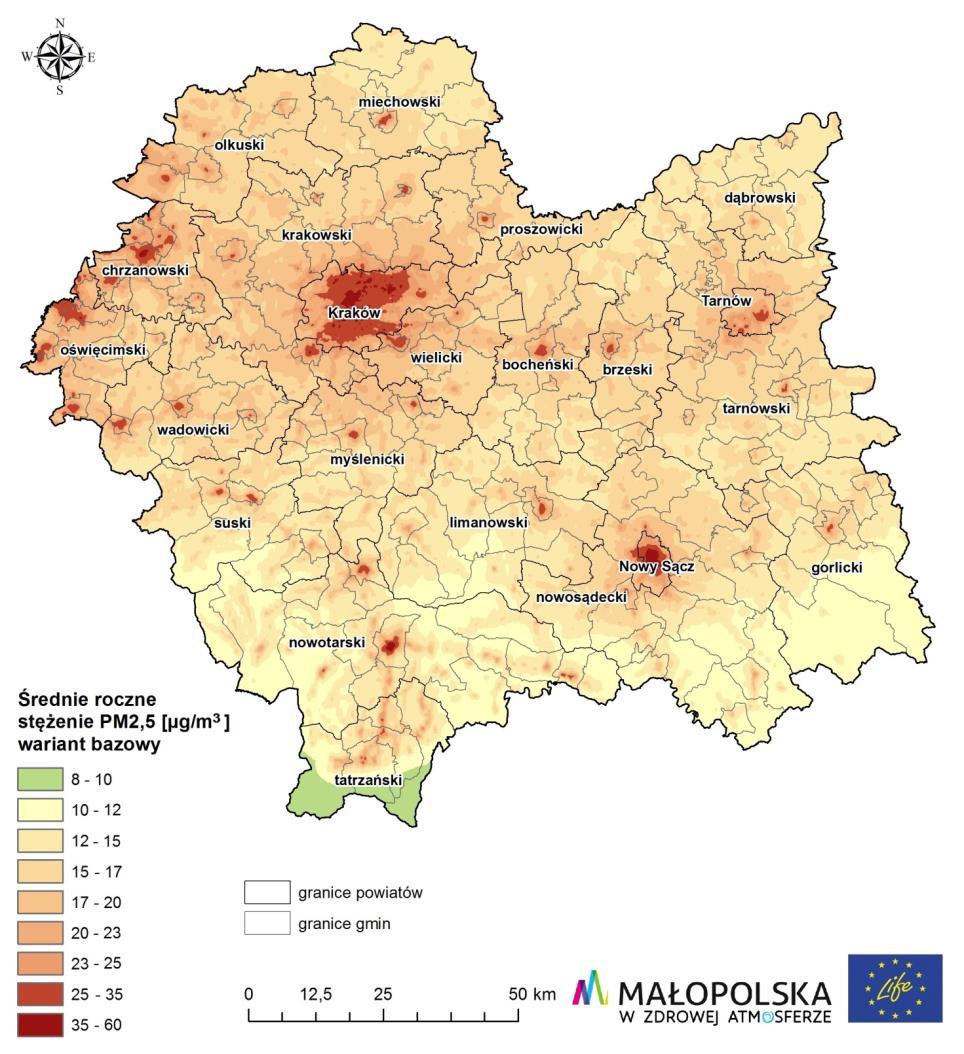 Norma stężeń średniorocznych pyłu PM2,5 stale ulega zaostrzaniu. W roku 2020 wartość dopuszczalna będzie wynosiła 20 µg/m³. Obecnie wynosi 25 µg/m³ 5. Mapa 2.