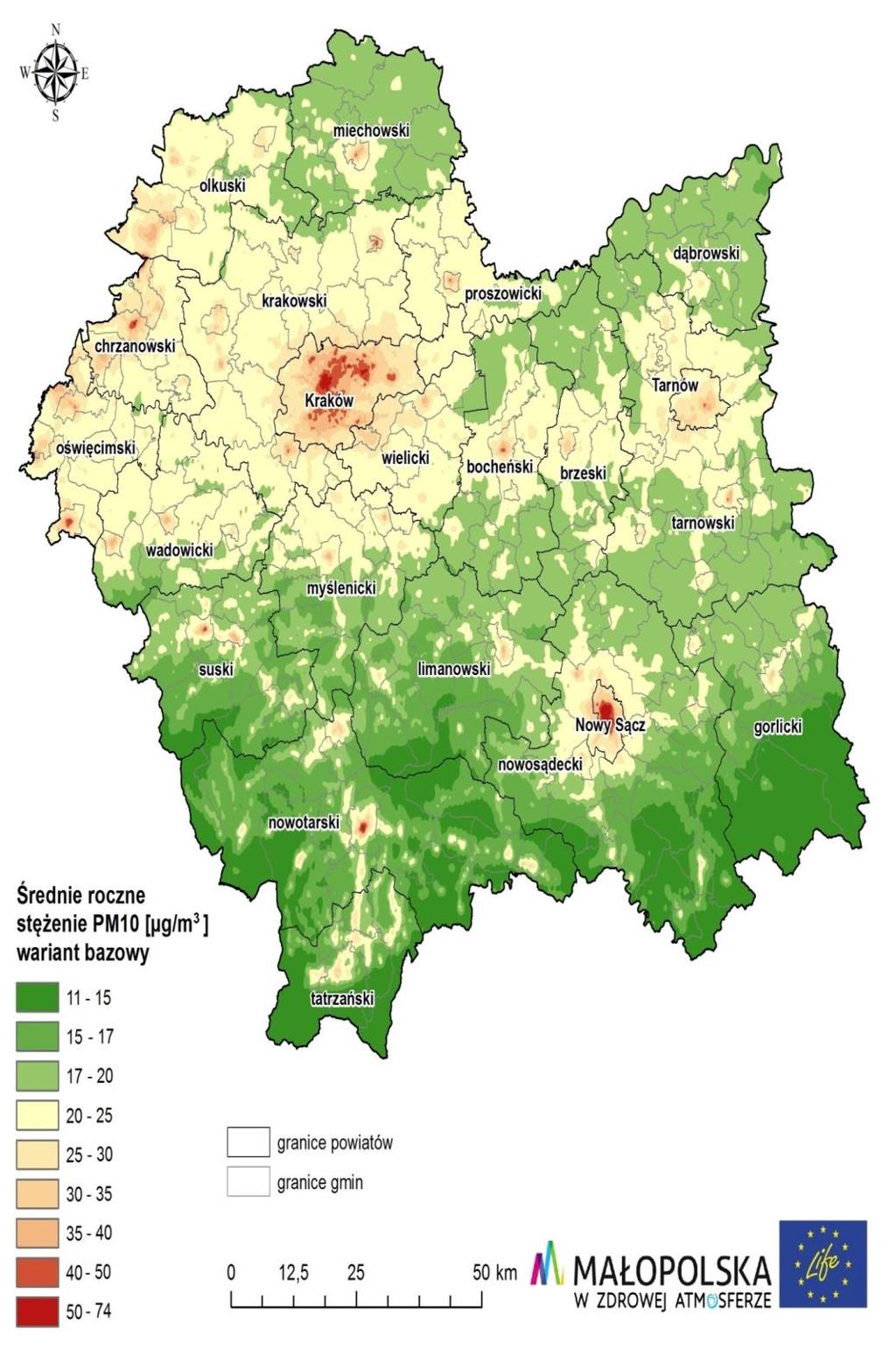Największy problem z zanieczyszczeniem powietrza w Polsce występuje w przypadku wielopierścieniowych węglowodorów aromatycznych oraz pyłu zawieszonego PM10, składającego się z cząstek o średnicy
