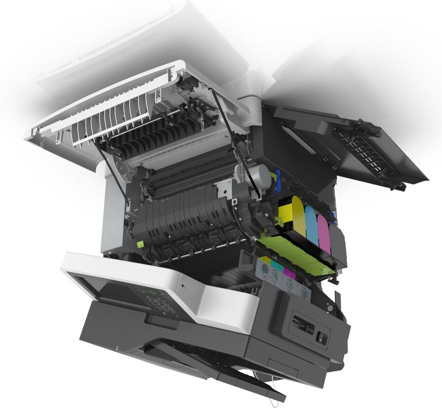 Przegląd drukarki 223 Wymiana materiałów eksploatacyjnych Wymiana pojemnika na zużyty toner 1 Górne drzwiczki 2 Pojemnik na zużyty toner 3 Prawa pokrywa boczna 4 Przednie drzwiczki 1 Wypakuj nowy