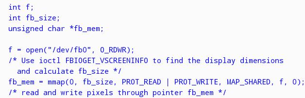 Mapowanie pamięci (mmap) Alokacja pamięci urzadzenia dokładna implementacja - zależna od sterownika Przykład: Linux frame buffer, /dev/fb0. Interfejs zdefiniowany w /usr/include/linux/fb.