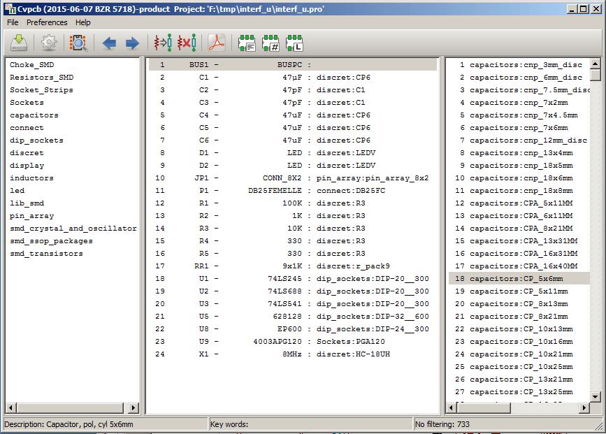 CvPcb 3 / 23 4 CvPcb Commands 4.1 Main Screen Poniższa ilustracja pokazuje widok głównego okna programu CvPcb. Panel listy bibliotek (z lewej strony) zawiera listę dostępnych w projekcie bibliotek.