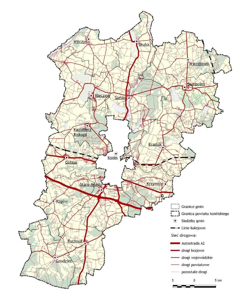 2. System drogowy powiatu konińskiego Poniżej przedstawiono mapę drogową powiatu konińskiego. Podstawą systemu jest sieć drogowa OFAK.