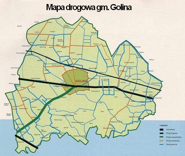 3. Drogi w gminie Golina. Przedstawione powyżej mapy przedstawiają wszystkie drogi na terenie gminy. Ze względu na skalę są one mało czytelne w ujęciu gminnym.