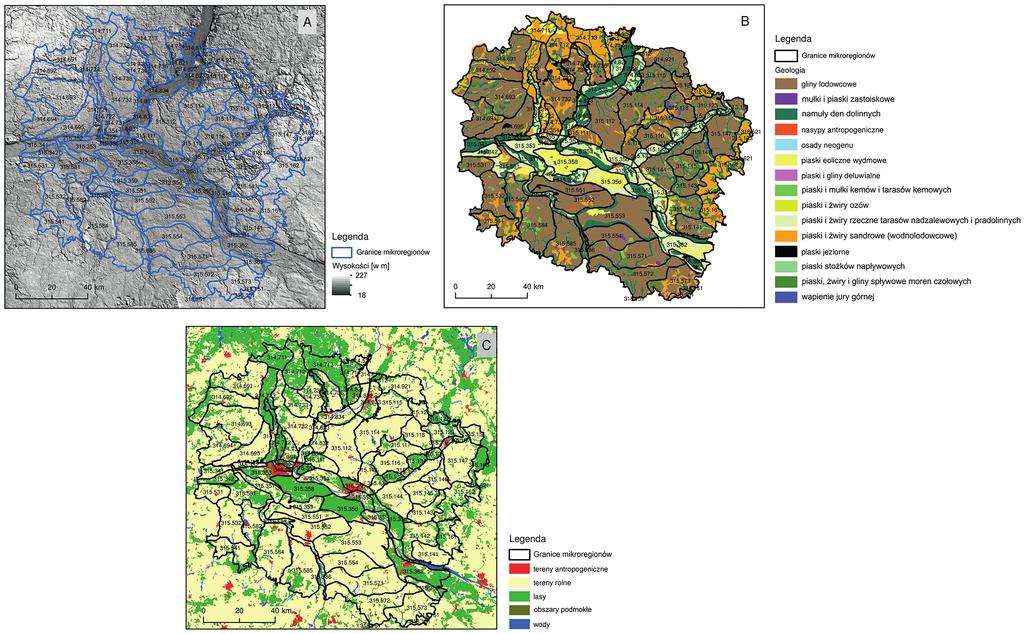 Ryc. 1 Mikroregiony fizycznogeograficzne województwa kujawsko-pomorskiego ( Kot 2015f ) na tle kryteriów ich delimitacji, A numeryczny model wysokości, B budowa geologiczna ( według Wysoty i in.