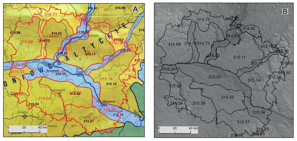 Ryc. 3. Mezoregiony fizycznogeograficzne województwa kujawsko-pomorskiego, A według J. Kondrackiego ( 1998 ), B według R. Kota ( 2015e ) Fig. 3. Physico-geographical mesoregions of the Kuyavian-Pomeranian Voivodeship, A according to J.