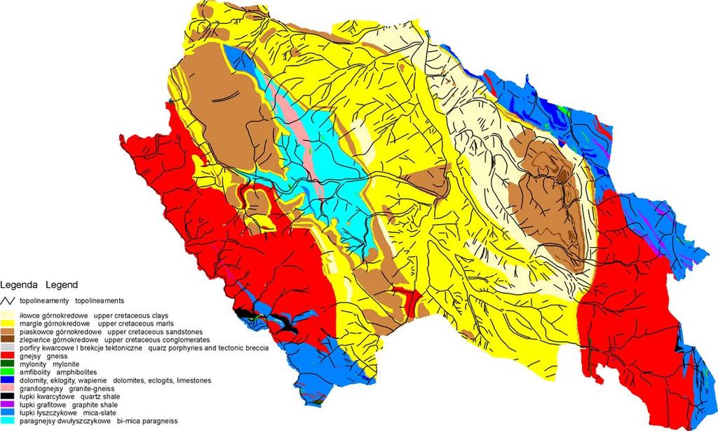 Rys. 1. Układ topolineamentów na tle budowy litologicznej w gminie Bystrzyca Kłodzka Fig.