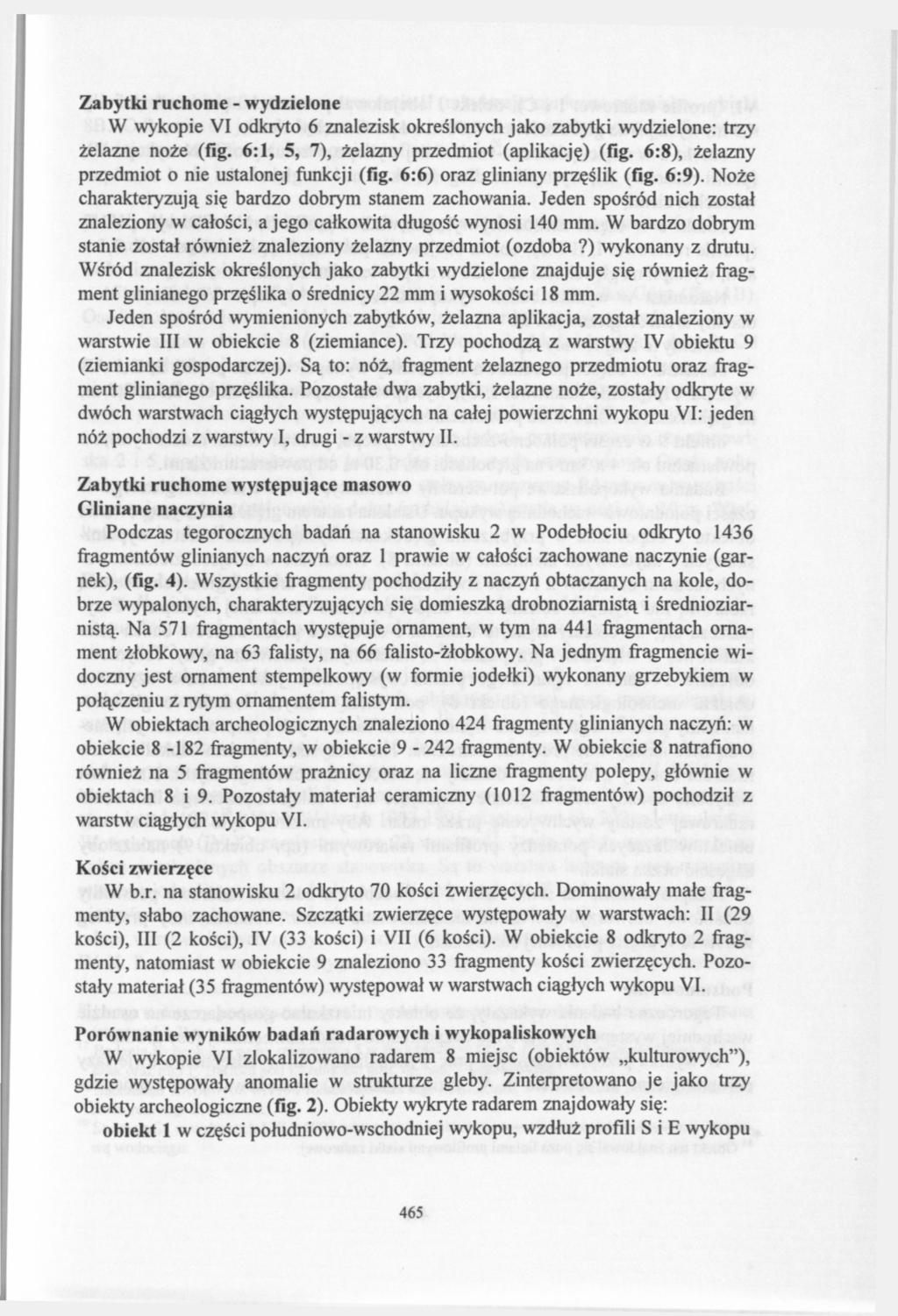 Zabytki ruchome - wydzielone W wykopie VI odkryto 6 znalezisk określonych jako zabytki wydzielone: trzy żelazne noże (fig. 6:1, 5, 7), żelazny przedmiot (aplikację) (fig.