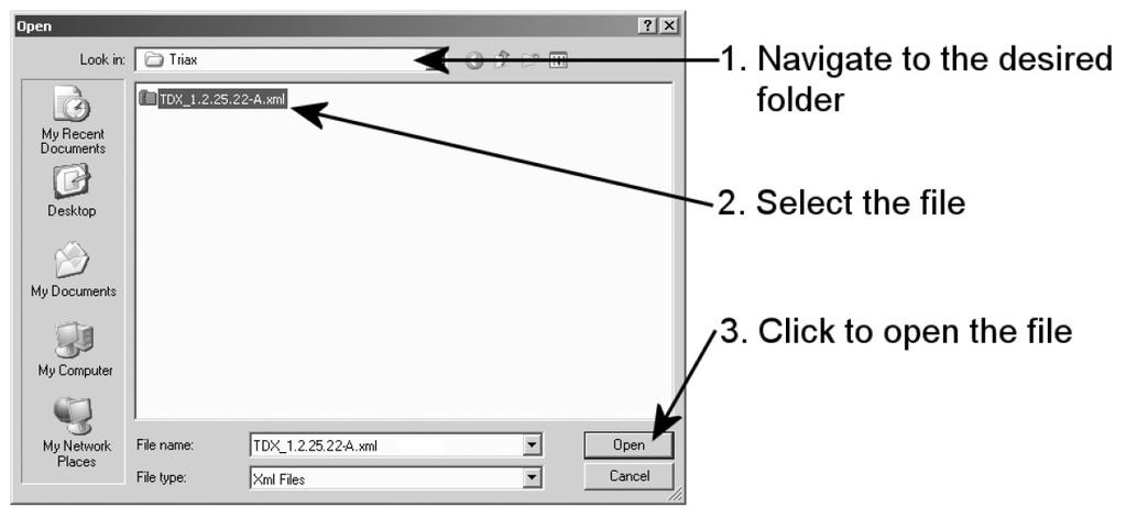 W oknie Open przejdź do folderu, w którym zapisany został plik konfiguracyjny z konfiguratora TDX. 1. Przejdź do odpowiedniego folderu. 2. Wybierz plik.