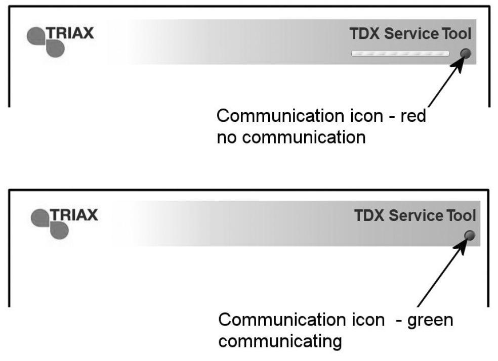 Ikona komunikacji Kolor ikony komunikacji pokazuje kiedy program narzędziowy TDX nie komunikuje się prawidłowo z systemem stacji czołowej TDX.
