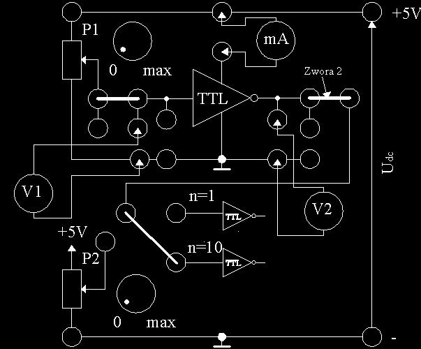 Rys.3. Schemat układu pomiarowego do wyznaczania charakterystyki przejściowej i mocy rozpraszanej układu cyfrowego serii TTL Tabela 2.