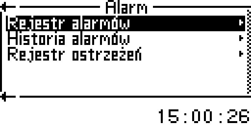 13 Usterki 13 Usterki Podmenu Alarm zawiera następujące punkty menu: Rejestr alarmów Historia alarmów Rejestr ostrzeżeń Rys.