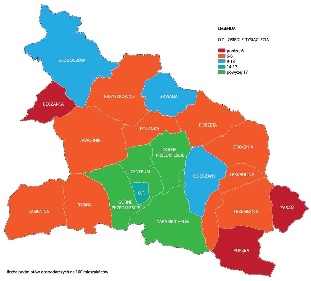 Grafika 15 Zarejestrowana działalność gospodarcza na 100 mieszkańców obszaru. Źródło: opracowanie własne na podstawie danych UMiG Myślenice.